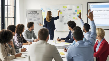 People sit around a table in a meeting room as a woman writes on a whiteboard with colorful...
