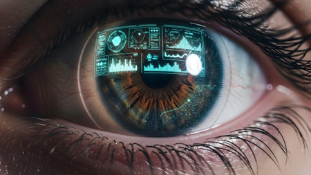 Extreme close-up of a human eye's iris and pupil displaying a complex digital interface with...の写真素材