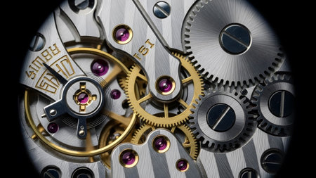 Extreme macro view of a watch's intricate mechanism, featuring interlocking gold gears and...
