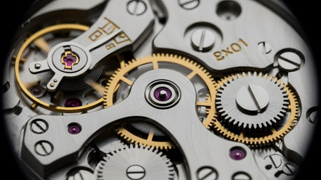 showing detailed macro view of intricate mechanical watch movement gears and jewels.