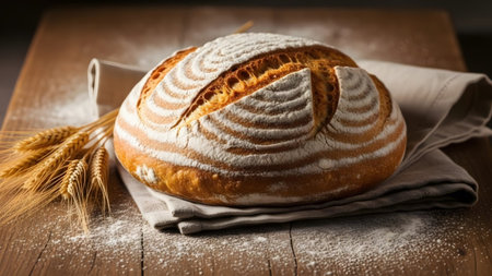 showing crusty sourdough bread with flour dusting on a linen cloth on a rustic wooden...