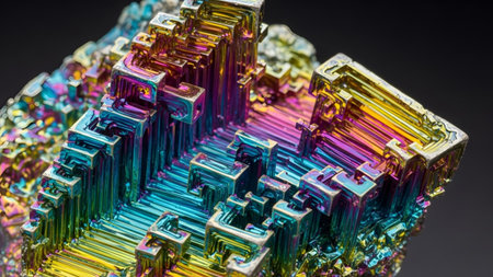 showing close-up of a rainbow bismuth crystal with layered geometric structures and...の写真素材