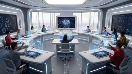 Models showing futuristic science classroom with students interacting with holographic molecular...の写真素材