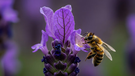 Honeybee showing close-up of a honeybee with striped abdomen on a purple lavender flower...