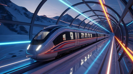 Lights showing futuristic high-speed train traveling through a glowing tunnel with neon blue and...