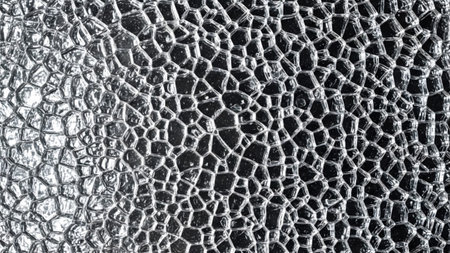 Detailed macro view of a frosted glass surface exhibiting a network of irregular polygonal...