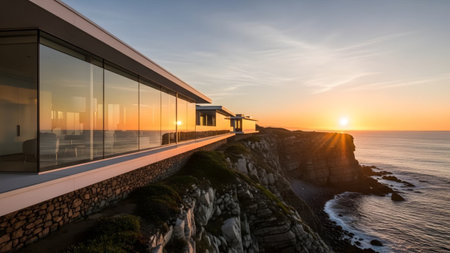 Vibrant showing contemporary cliffside residence with expansive glass windows reflecting the...の写真素材