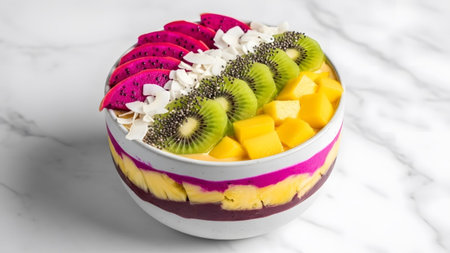 showing colorful smoothie bowl with dragon fruit kiwi mango and pineapple toppings.