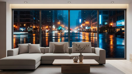 Sofa showing contemporary sectional sofa and coffee table with a view of a wet city street at...