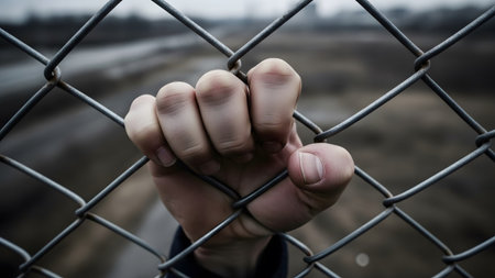 A hand tightly grips a metal chain-link fence, conveying a sense of struggle and confinement.の写真素材