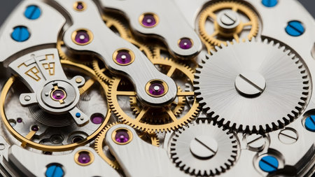 showing detailed macro shot of a complex watch movement with gold and silver gears, purple...
