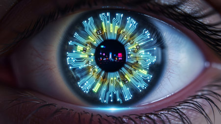 Macro view of a human eye featuring a vibrant circuit board iris with yellow and blue reflecting...の写真素材