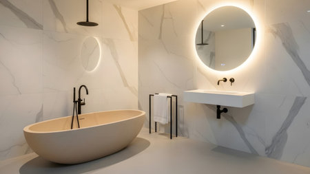 showing contemporary bathroom with an oval bathtub, floating sink, marble walls, and a...