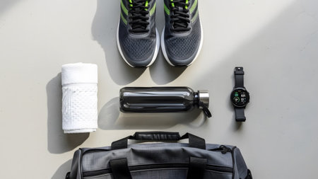 Dark grey athletic shoes, black water bottle, grey gym bag, smartwatch, and white towel are...