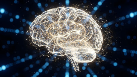 A luminous digital brain model composed of glowing dots and connecting lines against a dark...
