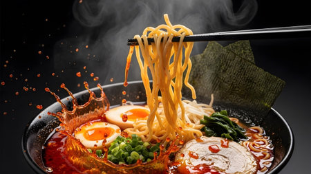 (2244) showing close-up of steaming ramen noodles being lifted with chopsticks from a bowl with...