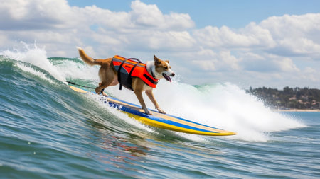 Vest showing dog in orange life vest surfing blue and yellow board on ocean wave.の写真素材