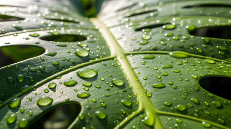 Close-up of a green Monstera leaf featuring natural holes and many small water droplets catching...