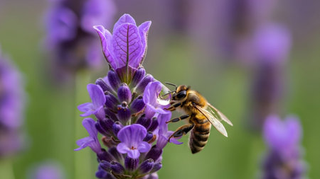 Honeybee showing honeybee collecting nectar from a purple lavender flower with a dewdrop on a...