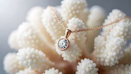 Pendant showing close-up of a rose gold pendant necklace with a round diamond on white coral....の写真素材