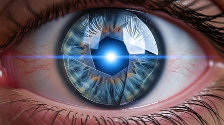 Beam showing close-up of a human eye with a camera aperture iris and blue light beam......の写真素材