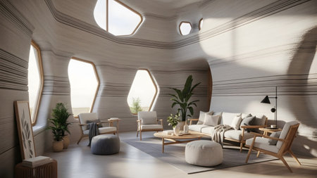 A bright contemporary living room with curved 3D printed walls and large geometric windows.