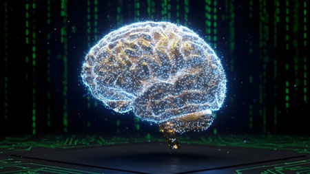 Background showing illuminated neural network brain model on a circuit board with binary code...