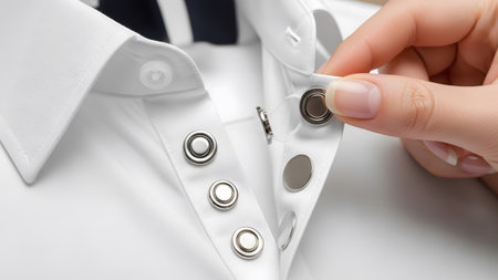 White showing hand fastening silver snap buttons on the collar of a white shirt. resolution...