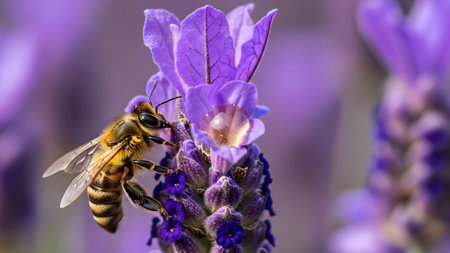 Intricate macro detail of a honeybee with its proboscis extended, feeding on the delicate purple...