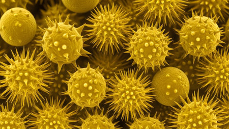 A dense cluster of yellow, spiky spherical viewed at a microscopic level, showing intricate detail.の写真素材