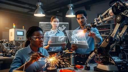 Robotic showing diverse engineers work on robotic arm project with holographic and welding.