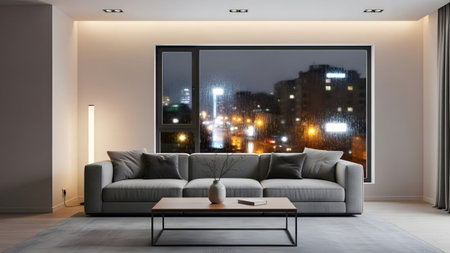 Gray showing contemporary living room with gray sofa and floor lamp overlooking rainy cityscape...