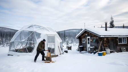 Dome showing man chopping wood outside a geodesic dome and rustic log cabin in a snowy...