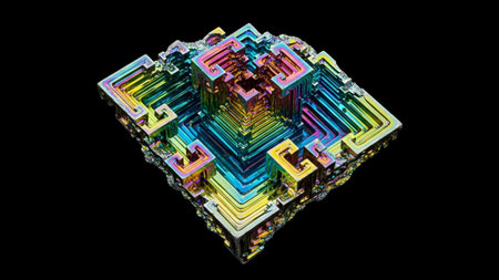 With showing colorful iridescent bismuth crystal formation with stepped geometric patterns and...