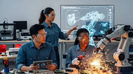 A diverse team of engineers in safety glasses works on a robotic arm, with sparks and a digital...