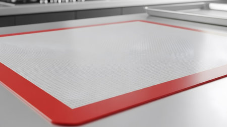 Close-up showing close-up of a red bordered white silicone baking mat on a kitchen counter.