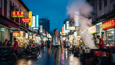 Female showing female tourist walking through a busy asian street market at dusk with neon...の写真素材