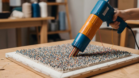 Close-up showing close-up of a tufting gun creating a colorful textured rug on a wooden frame....の写真素材