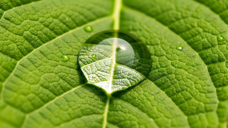 Vibrant showing extreme close-up of a water droplet on a vibrant green leaf with visible veins....