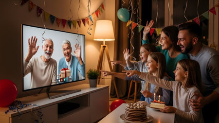 A multi-generational family celebrates a birthday with a call to grandparents, cake, and...