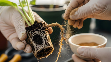 Hands showing hands wearing white gloves add granular fertilizer to a plant seedling with...の写真素材