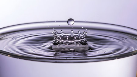 A clear glass filled with water a precise moment of a water drop creating a crown splash with...