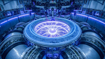 Tokamak showing inside a large tokamak fusion reactor with a bright blue plasma core and...の写真素材