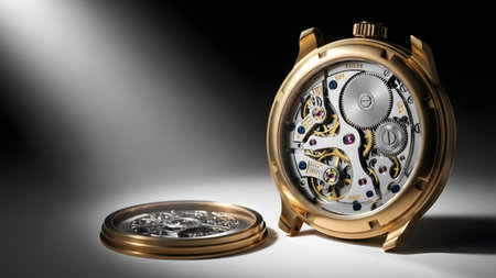 A gold mechanical watch movement is shown disassembled, revealing intricate gears and ruby bearings.