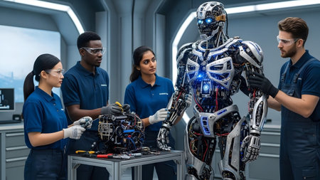Complex showing diverse team of engineers in blue uniforms assembling a complex humanoid robot...