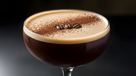 Beans showing espresso martini cocktail with coffee beans and cocoa powder garnish in a coupe...