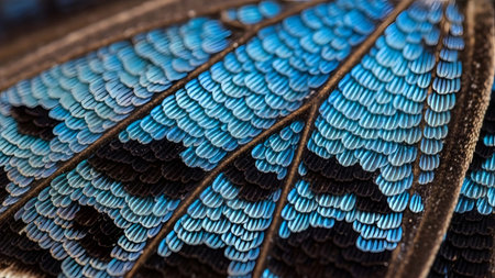 showing extreme macro of a butterfly wing showing overlapping iridescent blue scales and...