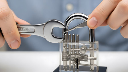 Hands showing hands using tools to pick a transparent padlock showing internal mechanisms and...