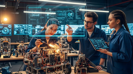Assemble showing engineers use welding and tablet to assemble robotic mechanism with holographic...