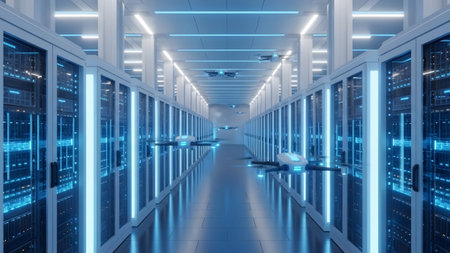 Drones are positioned in a long server room featuring rows of blue glowing server racks and...